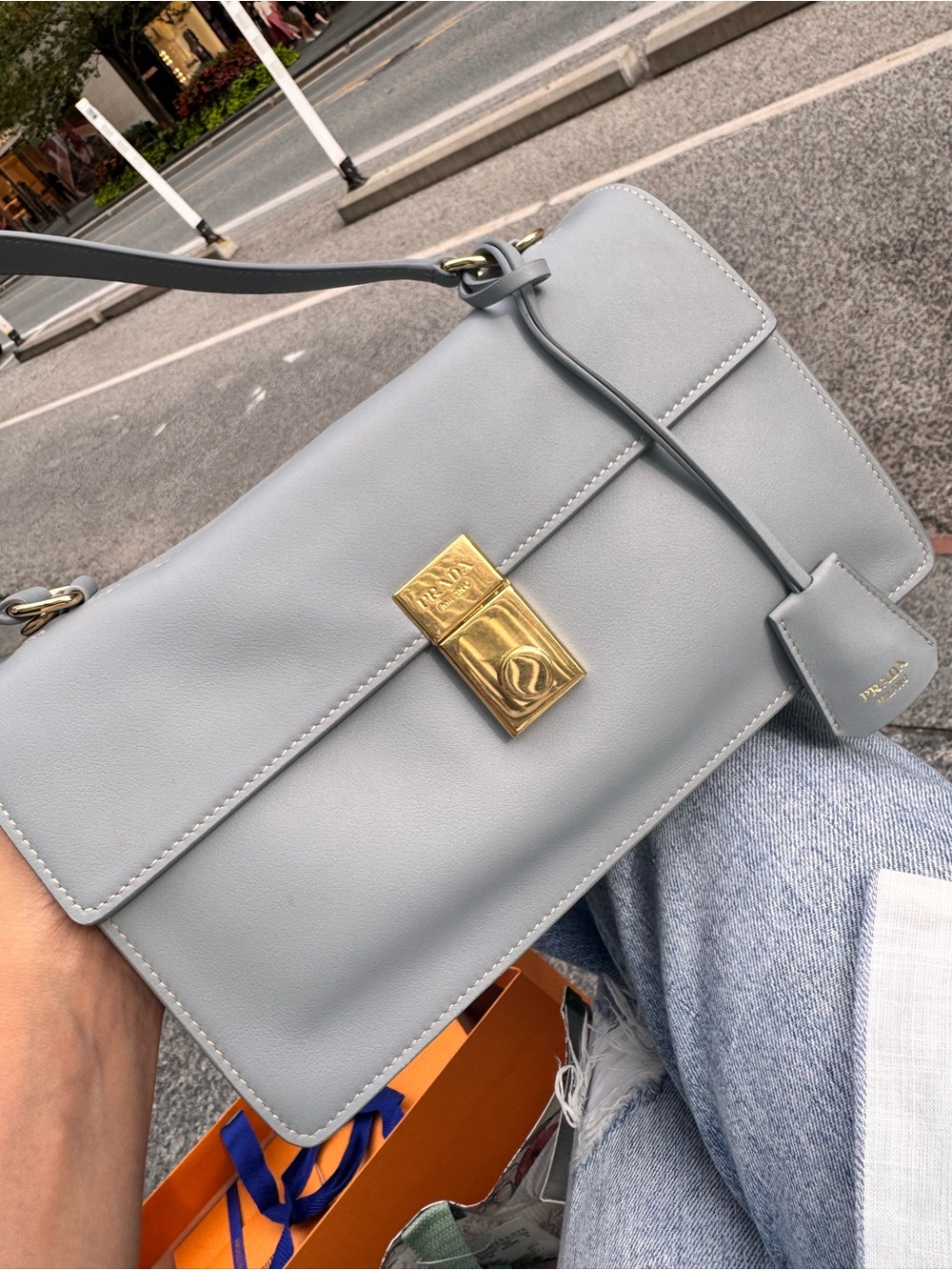 Prada Pale Blue Leather Shoulder Bag with Gold Hardware